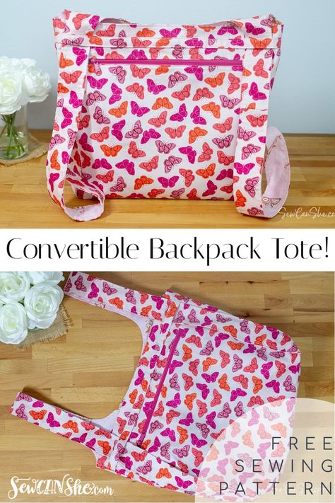 Sew A Convertible Backpack Tote - free sewing pattern! Backpack Pattern Free, Pattern Free Sewing, Sewing Pattern Free, Backpack Pattern Sewing, Backpack Sewing, Tote Bag Tutorial, Diy Sac, Backpack Tote, Fabric Sewing Patterns