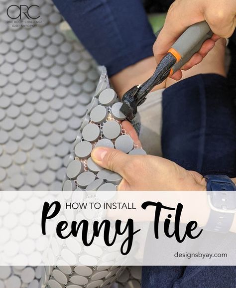 How To Finish Penny Tile Edge, Installing Penny Tile Floor, Diy Penny Tile Floor, How To Lay Penny Tile Floor, Penny Tile Design Ideas, Penny Tile Entryway, Penny Round Backsplash Kitchen, Penny Tile Kitchen Backsplash, Laying Tile Floor