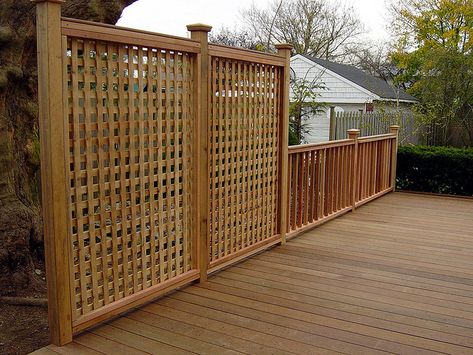 Privacy Fence cross-hatch. Dont like the column caps, but with more modern finish could be nice and afford some view. Reling Design, Ipe Decking, Deck Railing Design, Deck Privacy, Backyard Privacy, Garden Screening, Above Ground Pool Decks, Deck Builders, Deck Plans