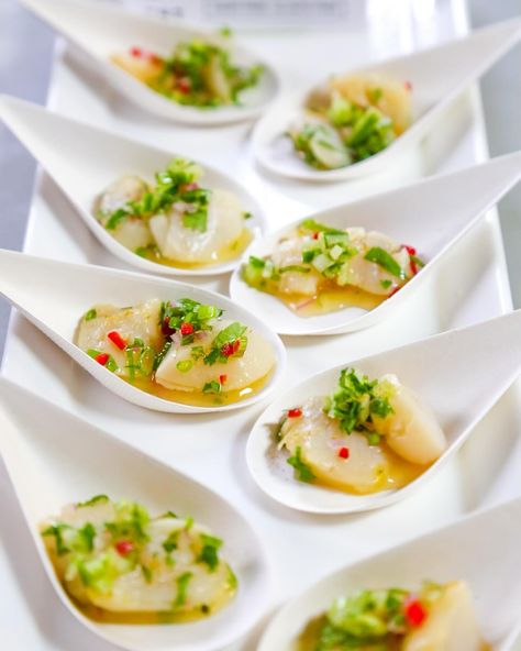 Canape Spotlight💡: Scallop Ceviche! As the weather gets warmer, this is the perfect appetizer for your spring and summer events because every bite tastes just right. Contact us now to book your catering and event planning needs! 📞 - #scallop #scallopceviche #ceviche #torontocaterer #catering #torontoevents #torontovenue #eventplanner #torontofoodie #torontoeventplanner #catering Scallop Ceviche Fine Dining, Cold Scallop Appetizer, Scallop Appetizer, Canapes Catering, Scallop Ceviche, Charcuterie Platter, Cold Appetizers, Tasting Menu, Appetizer Plates