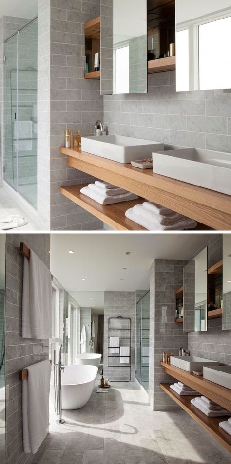 15 Examples Of Bathroom Vanities That Have Open Shelving // This vanity features multiple sinks and a second floating piece of wood that creates a row of exposed shelving. Paper Person, Narrow Bathroom Vanities, 30 Inch Bathroom Vanity, Minimal Bathroom, Bathroom Vanities Without Tops, Bathroom Tall Cabinet, Narrow Bathroom, Wood Bathroom Vanity, Maple Plywood