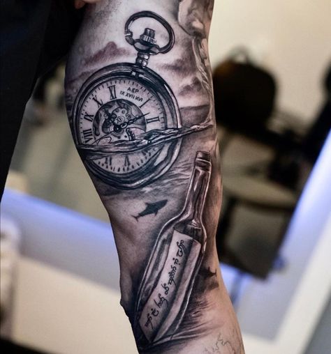 Nautical Memorial Tattoo, Nautical Tattoo Sleeve, Husband Tattoo, Pocket Watch Tattoo, Clock Tattoo Design, Watch Tattoos, Nautical Tattoo, Clock Tattoo, Half Sleeve Tattoos For Guys