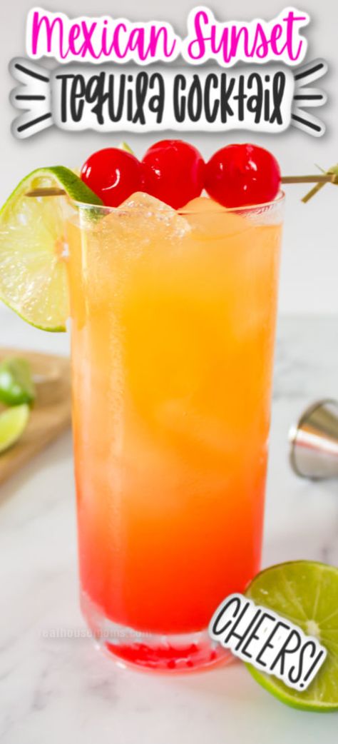 Mexican Sunrise Drink, Vodka And Tequila Mixed Drinks, Mexican Cocktails Alcohol, Mexican Sunset Cocktail, Quinceanera Drinks, Patron Drinks Recipes, Taquilla Drinks, 1800 Tequila Drinks Recipes, Canning Cellar