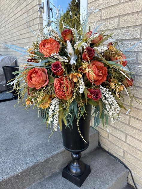 Fall Front Porch Planter, Fall Planter, Fall Floral Arrangement, Fall Urn Filler for Outdoors, Fall Planter Filler, Fall Floral Decor - Etsy Tall Fall Floral Arrangements, Tall Floral Arrangements For Home, Fall Urns For Front Porch, Fall Flower Arrangements For Home, Fall Urn Filler, Fall Planters Front Porches, Fall Urns, Planter Filler, Front Porch Planter