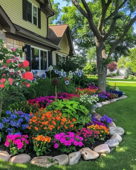 Garden Inspirations Bloxburg Outside, Landscape Ideas Front Yard Curb Appeal, Ideas For Front Of House, Flower Bed Designs, Front Garden Design, House Bloxburg, Cottage Garden Design, Front Yard Garden Design, Creative Gardening