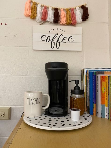 Trendy Teacher Desk, Coffee Station Classroom, Classroom Keurig Station, Classroom Microwave Area, Teacher Desk Organization Ideas Elementary, Office Coffee Station Ideas Small Spaces, Coffee Bar Ideas For Classroom, Teacher Kitchen Area In Classroom, Teacher Coffee Station In Classroom