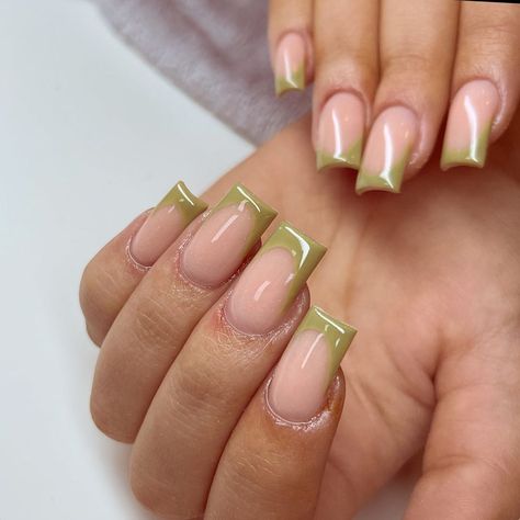 Short Sage Green French Tip Nails, Olive Green French Tip Nails Short, Olive Green Nails French Tip, Olive Green And Cream Nails, Khaki French Tip Nails, Olive Green Nails Square, Olive French Nails, Olive Green Acrylics, Olive Green French Nails