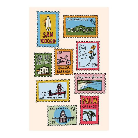 Buen Dia California City Stamps Wall Art Print by World Market Wisconsin Wall Art, Art Prints Beach, Apartment Wall Art Ideas, Granola Wall Art, Cool Wall Art Paintings, Fall Art Print, College Dorm Wall Art, Drawings For Wall Decor, Colorful Prints Wall Art