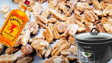 Crockpot Fireball Whisky Candied Pecans Recipe | DIY Joy Projects and Crafts Ideas Fireball Nut Recipes, Fireball Candied Pecans, Fireball Pecans, Christmas Pecans, Crockpot Candy Pecans, Yellowstone Party, Escargot Recipe, Fireball Recipes, Pecan Recipe