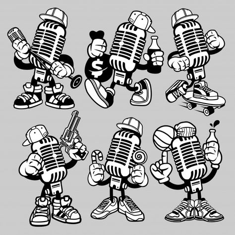 Microphone cartoon character Premium Vec... | Premium Vector #Freepik #vector #character #cartoon #microphone #gun Microphone Aesthetic Drawing, Podcast Microphone Illustration, Vintage Microphone Drawing, Hiphop Sketch, Music Character Design, Vintage Character Design, Cartoon Microphone, Microphone Art, Retro Cartoon Characters