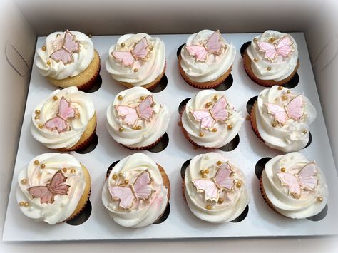 Cupcakes With Butterfly Toppers, Cupcakes Butterfly Decoration, Pink And Gold Butterfly Cupcakes, Butterfly Bridal Shower Cupcakes, Pink Butterfly Dessert Table, Butterfly Desert Table Ideas, Butterfly Theme Cupcakes, Butterfly Baby Shower Cupcakes, Butterfly Cupcakes Ideas