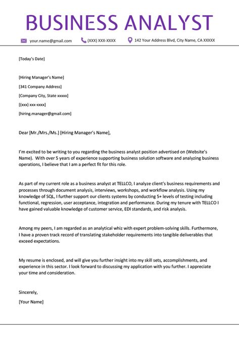 Business Analyst Cover Letter Example & Writing Tips | Resume Genius Business Letter Sample For Students, Coverletter Resume, Business Letter Example, Osho Books, Cover Letter For Internship, Motivation Letter, Resume Cover Letter Examples, Business Letter Format, Business Analyst Resume