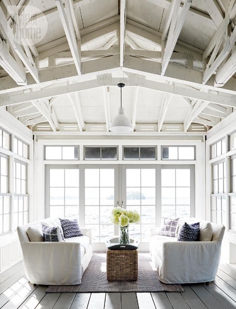 Bright sunroom - House tour: Neutral nautical lake house Indoor Sunrooms, Lakefront Living, Lakeside Cottage, Haus Am See, Hus Inspiration, Cottage Living, White Furniture, Style At Home, Chic Home