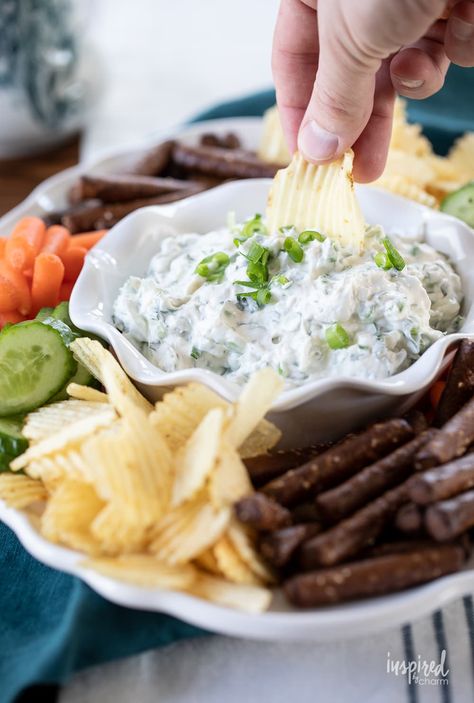 How to Make Green Onion Dip #greenonion #scallion #dip #easy #recipe #snack #appetizer #chipdip #veggiedip #partydip Chip And Veggie Dip, Green Onion Dip Recipe, Scallion Dip, Green Onion Dip, Spicy Buffalo Chicken Dip, Veggie Dip Recipe, Onion Dip Recipe, Dip Easy, Inspired By Charm