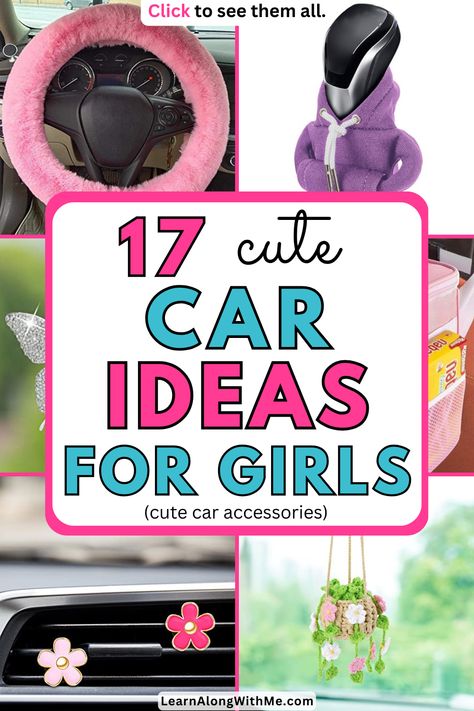 If your car's interior is a little dull, check out these cute car accessories to give it up a glow up.  Which of these car interior ideas will work for you?  Click to find out. Preppy Car Organization, Decorate Inside Of Car, Girly Car Interior Aesthetic, Teen Car Accessories, Teen Girl Car Accessories, Car Gifts For Girls Ideas, Car Things For Girls Ideas, How To Make Your Car Cute, Yellow Cars Aesthetic