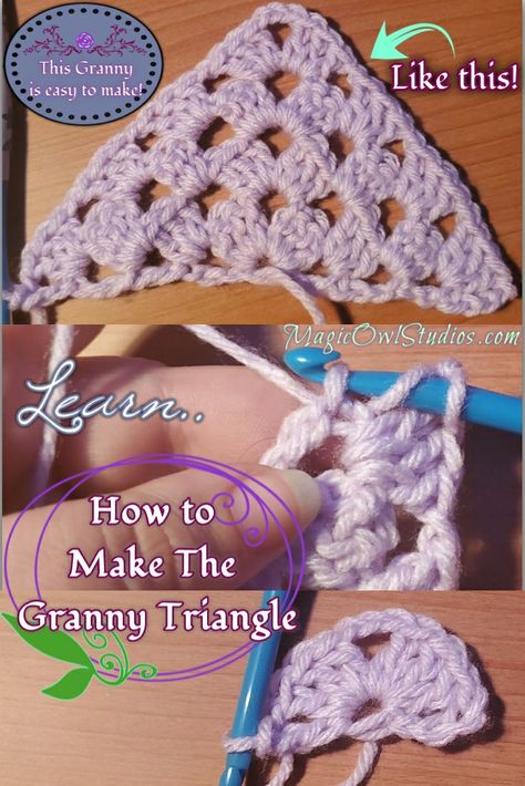 Crochet Granny Square Shawls And Wraps, Triangle Crochet Tutorial, Crochet Granny Triangle Shawl, Granny Stitch Triangle Shawl, Crochet Triangle Shawl Pattern Free Granny Squares, Triangle Granny Crochet, Crochet Granny Triangle Pattern, Granny Triangle Crochet Pattern, Granny Square Triangle Shawl