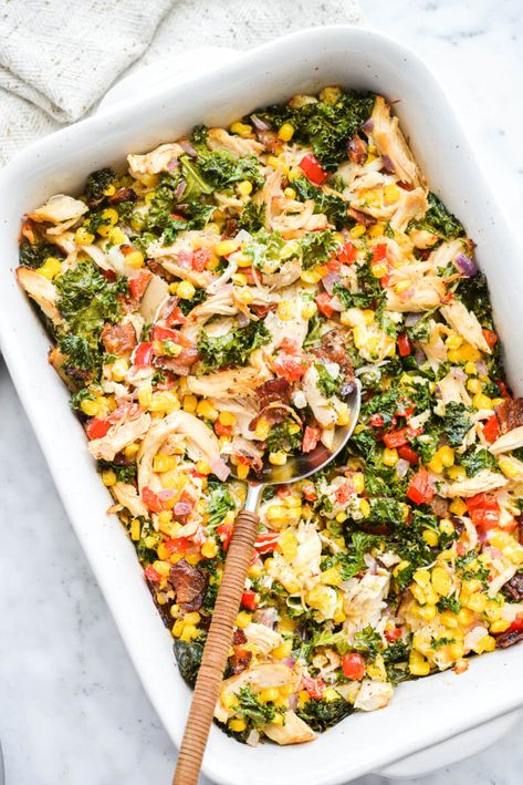 a casserole dish of confetti chicken casserole with a large spoon scooping out a serving of it Confetti Chicken, Southwest Chicken Casserole, Fed And Fit, Chicken Tikka Masala Recipes, Ranch Chicken Casserole, Southwest Chicken, Baked Turkey, Tenderloin Recipes, Sheet Pan Dinners