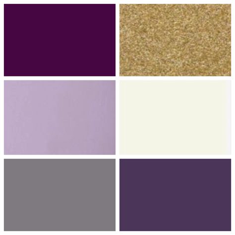 C&J wedding color palette: plum, lilac, gray, gold, cream, eggplant Purple Grey Gold Bedroom, Purple Gray White Color Palette, Plum And Cream Bedroom, Purple Gray And Gold Bedroom, Purple Gold Color Scheme, Purple Gold And Cream Wedding, Plum And Gold Color Palette, Lilac And Gold Color Palette, Eggplant Colour Palette