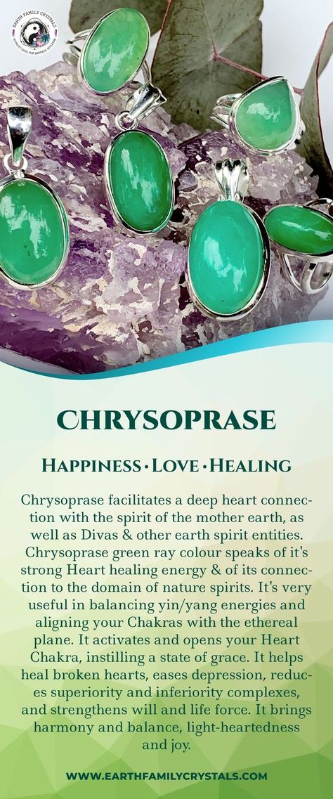 Chrysoprase Crystal Meaning, Gemstone Powers, Healing Crystals Necklace, Crystals Properties, Crystals And Their Meanings, Chrysoprase Crystal, Crystals Meaning, Crystals Shop, Healing Crystals Meanings