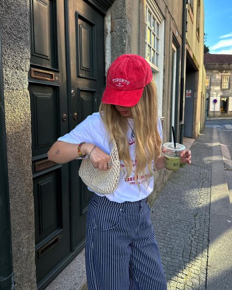 I found my perfect striped pants🥹😍 T-shirt, pants, bag, cap from @pullandbear #pullandbearcommunity Red Cap Outfit, Pants Bag, Cap Outfit, Red Cap, 90s Dress, Summer Fits, Style Change, Fit Inspo, Striped Pants