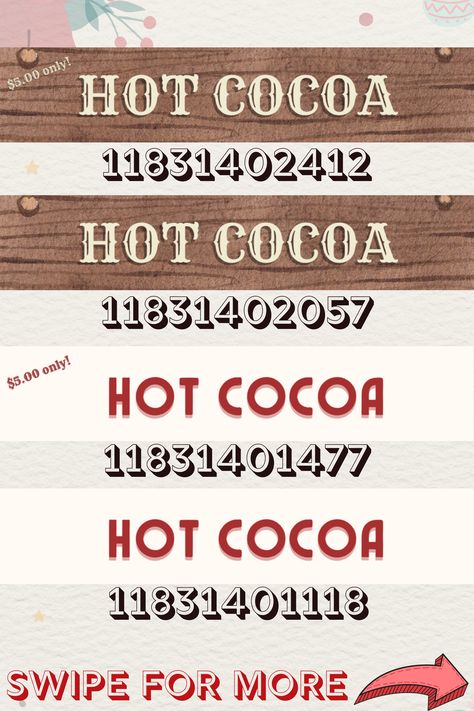 This was a request but I lost their comment and name ): Hopefully you see this! Enjoy this hot cocoa sign decal for your bloxburg cocoa stand! Any requests? Let me know through dms or comments! #roblox #bloxburg #decals #bloxburgdecals #bloxburghotcocoa #bloxburgchristmas #robloxdecals Bloxburg Stands Ideas, Bloxburg Hot Chocolate Stand, Bloxburg Winter Wonderland Layout, Bloxburg Theater Decals, Bloxburg Book Decal, Roblox Bloxburg Decals, Decals For Bloxburg, Bloxburg Christmas, Cocoa Stand