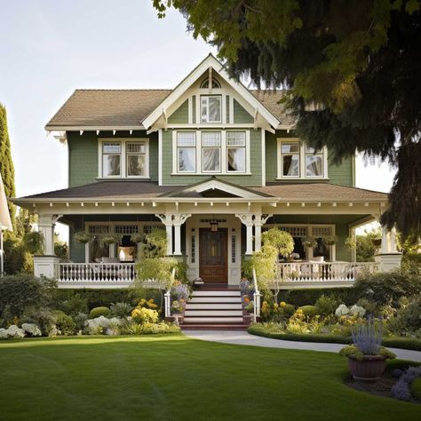 Vintage Green House Exterior, Dark Green Exterior House, Dark Green Exterior House Colors, House Color Ideas, 70s House Exterior, Dark Green Exterior, Craftsman House Exterior, Green Exterior House, Green Exterior House Colors