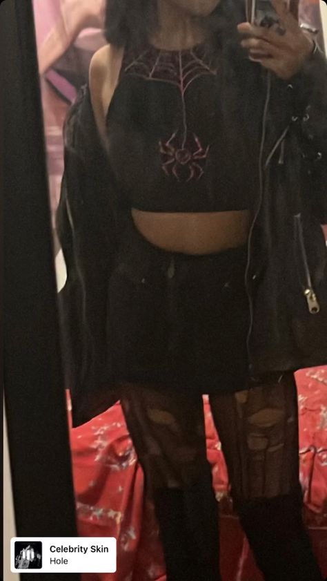 ripped tights and spider top Ripped Black Tights Outfit, Outfits With Ripped Tights, Black Tights Under Ripped Jeans, Ripped Tights And Leg Warmers, Ripped Tights Outfit Grunge, Ripped Tights, Really Cute Outfits, Outfits Aesthetic, Dream Wardrobe