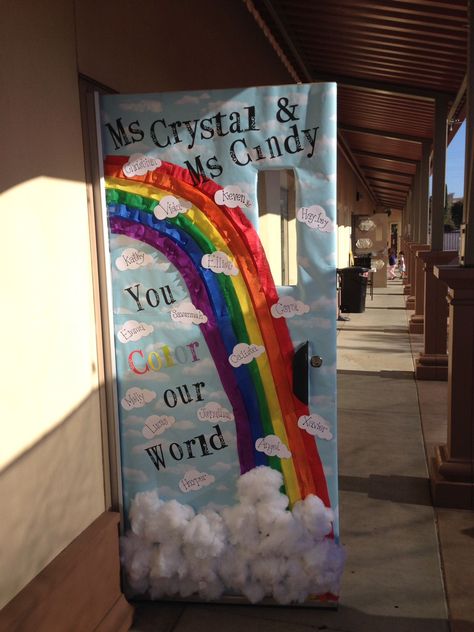 Rainbow Classroom Door Decor, Rainbow Theme Classroom Door Decorations, Cloud Door Decorations Classroom, Rainbow School Door, Classroom Door Ideas Rainbow, Rainbow Door Classroom, Rainbow Door Decor, Classroom Door Rainbow, Pride Door Decorating