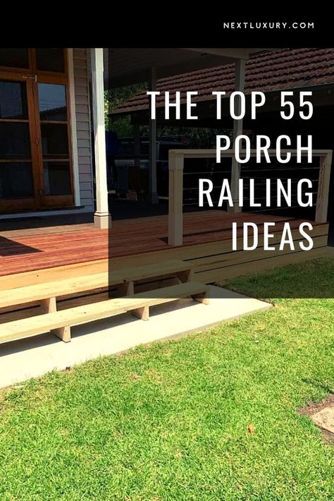 The front porch railing is one of the first things people see when they look at your house, and it can make a lasting impression. #homedecor #homedecorideas #homedesign #homedesignideas #nextluxury Wooden Rails Front Porch, Railing Ideas For Front Porch, Updated Porch Railing, Bungalow Porch Railing, Small Front Porch Ideas With Railing, Metal Porch Railing Ideas Farmhouse, Front Porch Horizontal Railing Ideas, Porch Rails Ideas Farmhouse, Small Front Porch With Railing