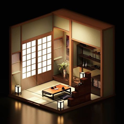 Japanese Room Design, 3d Room, Japanese Room, Isometric Design, Study Room Decor, Sims 4 Houses, Japanese House, Cubicle, 3d Render