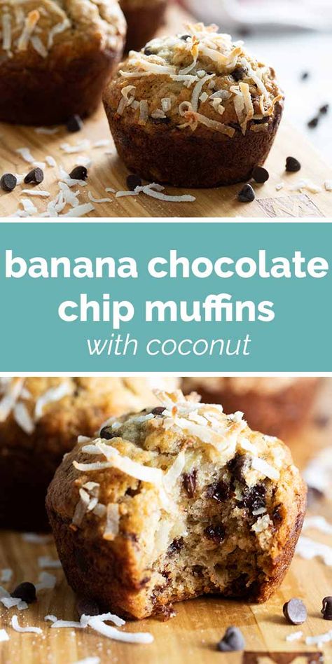 These Banana Chocolate Chip Muffins with Coconut combine so many flavors for a breakfast muffin that the kids go crazy for. These muffins are a great way to use up overripe bananas! #recipe #muffins #banana #chocolatechip #coconut Banana Coconut Muffins, Bananas Recipe, Mini Banana Muffins, Muffins Banana, Baking Therapy, Breakfast Muffin, Tin Recipes, Coconut Muffins, Chocolate Banana Muffins