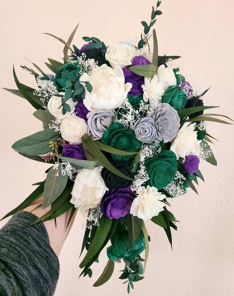 Green and Grey Cascade Bouquet, Emerald and Purple Cascade, Greenery Bouquet with Wood Flowers, black flowers by MyDinosaurDreams on Etsy Emerald And Dark Purple Wedding, Royal Purple And Green Wedding Theme, Purple Green Bouquet, Emerald Green Purple Wedding, Purple And Green Bouquet Wedding, Emerald Green Purple Gold Wedding, Purple And Green Themed Wedding, Hunter Green And Purple Wedding, Forest Green And Purple Wedding Theme