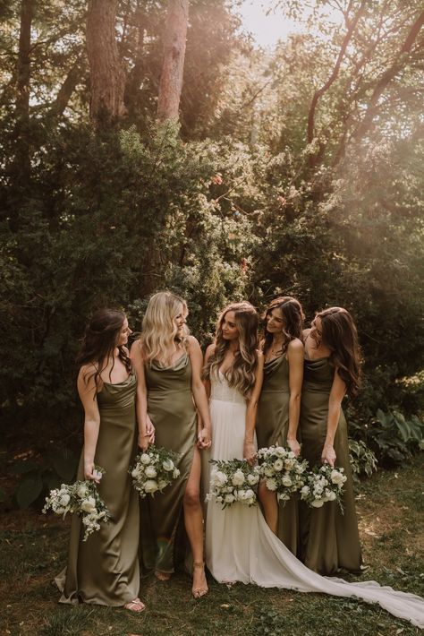 Fall Orchard, Harvest Tables, Olive Green Bridesmaid Dresses, Brown Bridesmaid Dresses, Olive Green Weddings, Bridesmaid Dress Color, Forest Theme Wedding, Bridesmaid Dresses Boho, Bridal Party Attire