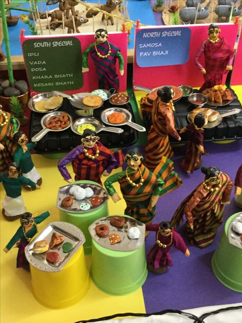 Miniature indian food made of clay and hand made human figures - part of dasara 2017 display - golu Kavidi Items, Indian Dolls, Human Figures, Miniature World, Samosa, Crafts And Diy, Human Figure, Indian Food, Paper Crafts Diy