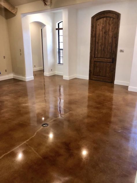 Stained Concrete Floors Living Room, Concrete Floors Living Room, Concrete Floors In House, Acid Stained Concrete Floors, Epoxy Floor Designs, Stained Concrete Floors, Barndominium Interior, Barn House Interior, Acid Stained Concrete