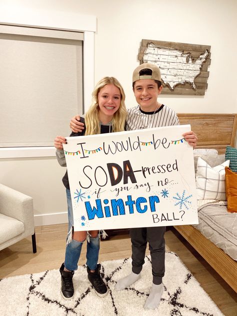 Girl asking a boy to a high school dance using a poster. Ways To Ask Guys To A Dance, Winfo Proposals Funny, Winter Formal Proposal For Friends, Winter Ball Sign Ideas, Promposal Ideas For Friends Guys, Funny Ways To Ask To A Dance, How To Ask A Guy To Sadies, Cute Ways To Ask Someone To Winter Formal, Signs To Ask A Guy To A Dance