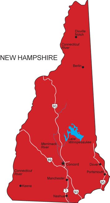 The geographical center of New Hampshire is located at latitude 43.41 degrees North and longitude 71.57 degrees West.  This basic map of NH (postal abbreviation for the State of New Hampshire) shows Concord, the capital city, as well as other major New Hampshire cities such as Portsmouth and Nashua.  The map also shows New Hampshire's Interstate highways and Lake Winnipesaukee, as well as the Connecticut River and the Merrimack River. Nashua New Hampshire, Interstate Highway, Lake Winnipesaukee, Bird Photos, State Map, Bird Photo, The Capital, Portsmouth, The Map