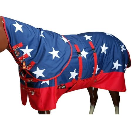 HIGH QUALITY MATERIALS: These are Hilason Turnout Horse Blankets. The top material is made with Tough Master brand heavy-duty 1200 denier polyester waterproof and breathable rip-stop outer shell. The middle layer material is made with poly good brand 400 gms high-grade poly fill. The extra is a belly wrap system, shoulder gussets, double-buckle front closure, and fleece at withers. The color is American Flag and the size is 75 inches.  FEATURES: This horse blanket has a lining made with highly durable Persian twisted woven taffeta lining that will withstand the wear and tear of daily use. The double-stitched, taped and reinforced seems to give the blanket that extra strength and durability you would rarely find in most of our competitors. Some of the other unique features of this blanket a Horse Blankets Winter, Horse's Neck, Winter Horse, Horse Blanket, Master Brand, Belly Wrap, Equestrian Helmet, Neck Cover, Equestrian Boots