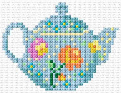 Teapot Cross Stitch, Teapot Embroidery, Colorful Cross Stitch Patterns, Cross Stitch Calculator, Kawaii Cross Stitch, Colourful Cross Stitch, Cross Stitch Floss, Cross Stitch Cushion, Embroidery Stitches Beginner