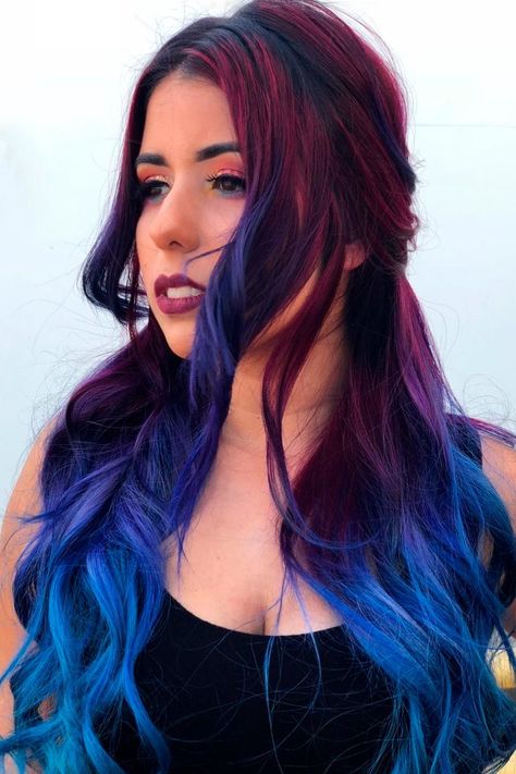 Best Purple And Blue Hair Looks ★ Burgundy Blue Hair, Burgundy Hair With Blue Highlights, Red And Blue Ombre Hair, Red Blue Hair Color, Blue And Burgundy Hair, Dark Red And Blue Hair, Red Blue And Purple Hair, Blue Purple Red Hair, Blue And Magenta Hair