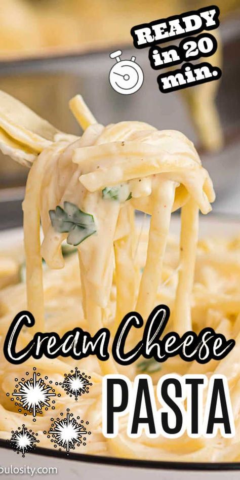 Cream cheese pasta being lifted up by a fork, out of the dish, with text on the image. Cream Cheese Pasta Sauce, Butter Sauce For Pasta, Cream Cheese Spaghetti, Cream Cheese Butter, Cheesy Pasta Recipes, Cream Cheese Pasta, Cheese Pasta Recipes, Alfredo Sauce Recipe Homemade, Cream Cheese Sauce