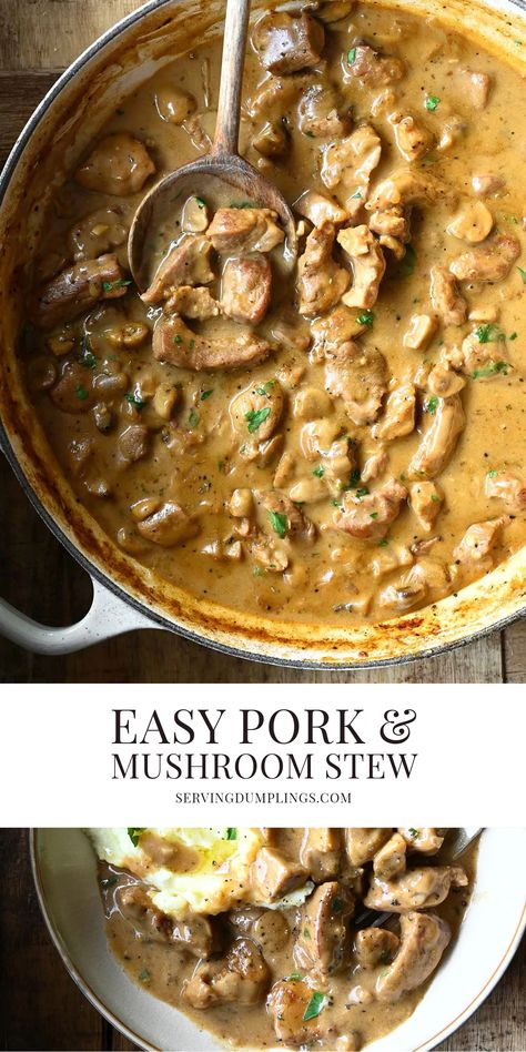 Easy Pork and Mushroom Stew Pork Stew Crockpot Recipes, Pork And Mushroom Recipes Slow Cooker, Pork And Mushrooms Recipes, Pork And Mushroom Stew, Pork And Veggies Recipes, Pork And Mushroom Soup, Pork Meals Easy, Pork Stewing Meat Recipes, Quick Pork Dinner Ideas