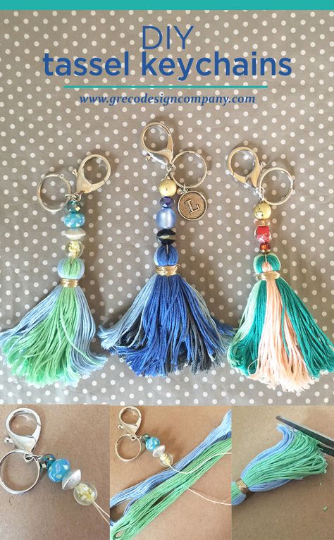 DIY tassel keychains Tassel Keychain Diy, Diy Crafts Keychain, Tassel Diy, Tassels Tutorials, Tassel Crafts, Boho Beads, How To Make Tassels, Beaded Stuff, Keychain Craft