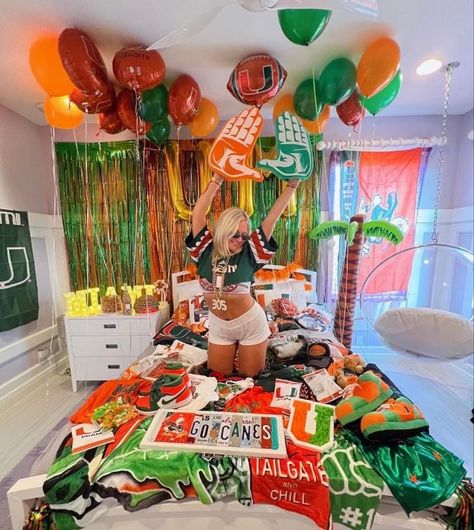 College Bed Acceptance, U Miami Game Day, U Miami Bed Party, Bed Parties College, Umiami Bed Party, Miami Bed Party, College Bed Decorating Party, Umiami Dorm, University Of Miami Aesthetic