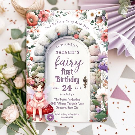 Fairy Door Brown Hair Fairy First Birthday Party Invitation Fairy First Birthday Party, First Birthday Welcome Sign, Hair Fairy, Illustrated Invitations, Birthday Welcome Sign, Magical Fairy, Cute Fairy, Fairy Door, Fairy Girl