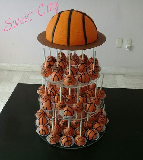 Basketball cake and cakepops Basketball Cakepops Ideas, Cake Pops Basketball, Basketball Dessert Ideas, Basketball First Birthday Cake, Born 2 Ball Birthday Basketball, Basketball Cake Ideas, Basketball Cake Pops, Basketball Treats, Basketball Themed Birthday Party