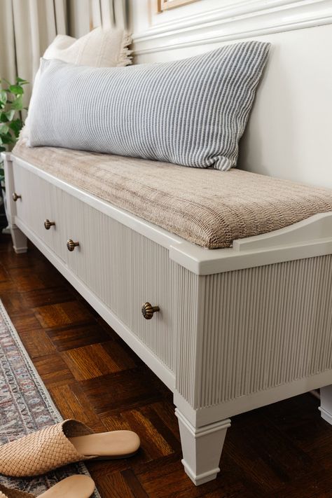 Diy Bedroom Bench Storage, Shoe Storage Makeover, Painted Storage Bench, Storage Bench Makeover, Entryway Ideas With Shoe Storage, Storage Bench Ideas, Entryway Shoe Storage Bench, Santa Chair, Shoe Bench Storage