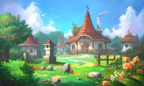 Village Illustration, Casa Anime, Fantasy Village, Fairy Village, Fantasy House, Fantasy Places, Landscape Scenery, Fantasy Art Landscapes, Fantasy Concept Art