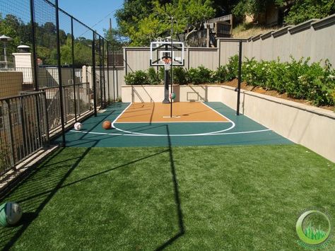 Better Than Real Artificial Grass - Synthetic grass, artificial grass and landscaping - Bay area San francisco, California .:. Proyect Artificial synthetic playground with basketball court installed in San Anselmo, California. Multisport Court, Backyard Basketball Court Ideas, Basketball Court Ideas, Backyard Basketball Court, Backyard Court, Basketball Court Backyard, Backyard Sports, Hoop Games, Backyard Basketball