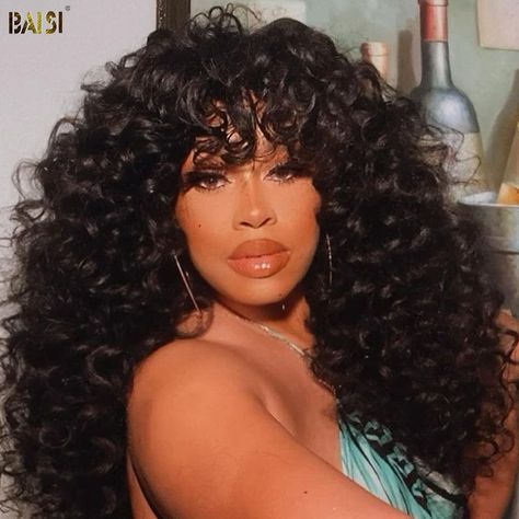 BAISI HAIR Pixie Cut Wig BAISI Sexy Long Bouncy Curl Machine Made WIg With Bang Take Care Of Curly Hair, Photo Hair, Long Curly, How To Take, 100 Human Hair, Curly Hair, Bangs, Hair